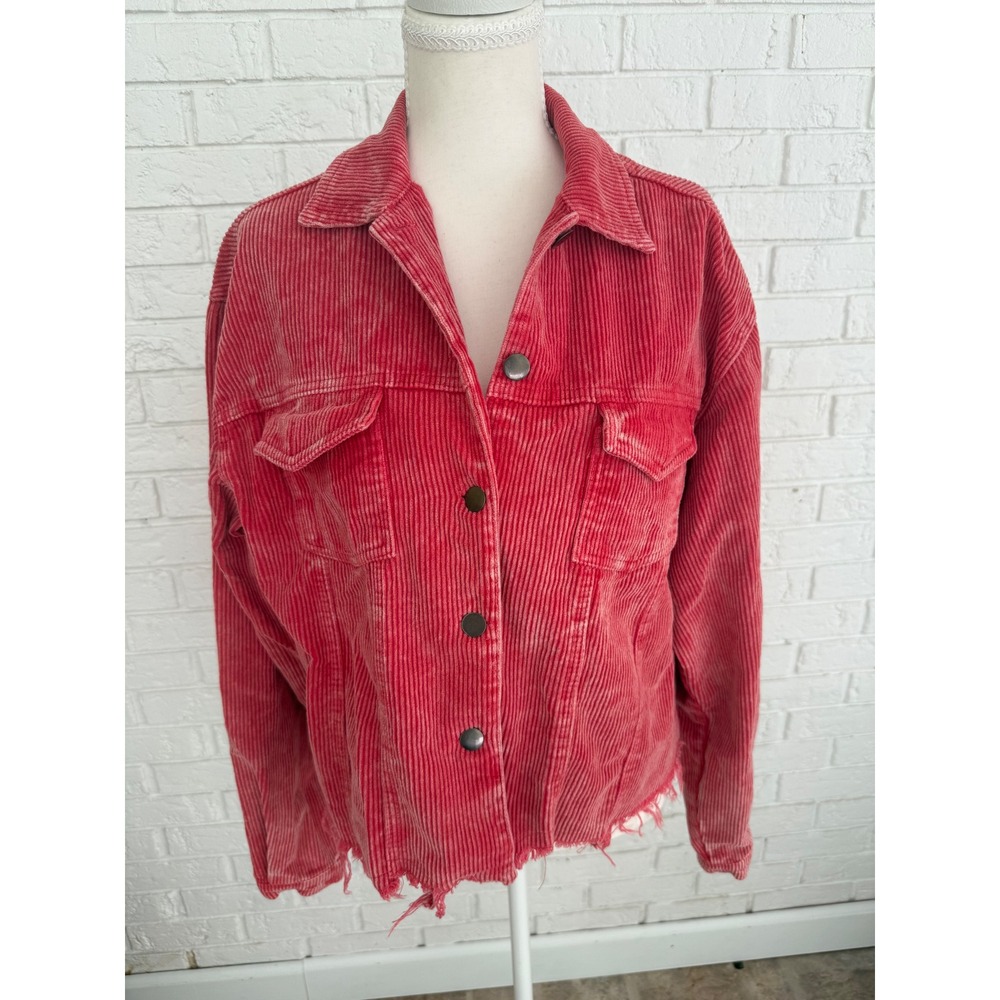 POL Corduroy Jacket Womens Large Red New Distressed Raw Hem Crop Shacket